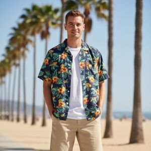 Original Penguin Tropical Floral Short Sleeve Button-Up Shirt Men’s Medium